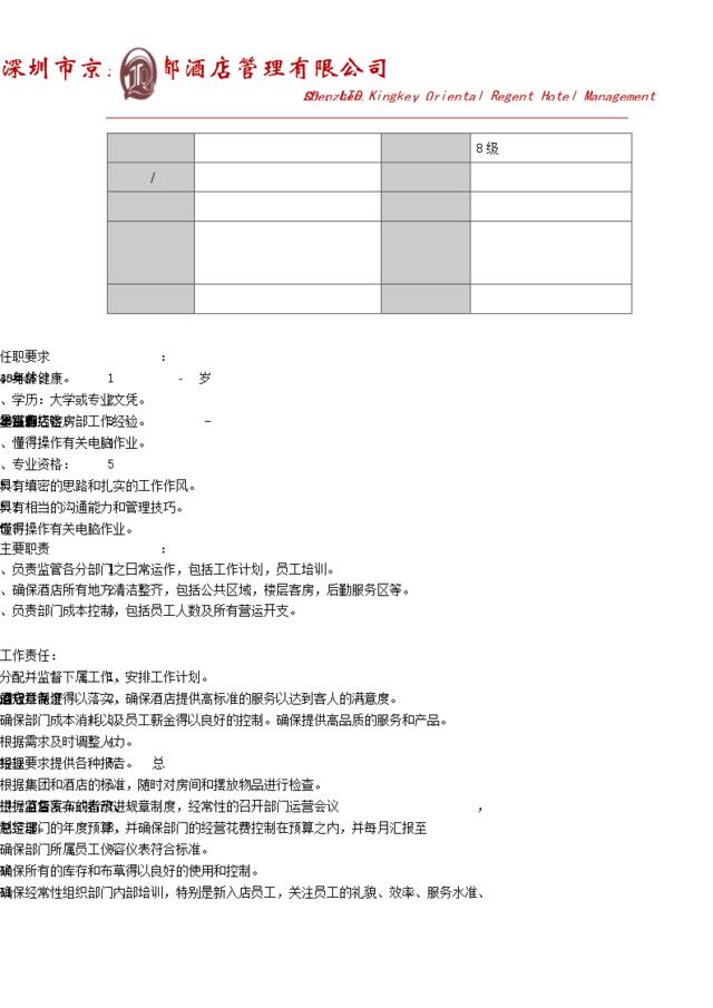 岗位职责模板[房务总监]