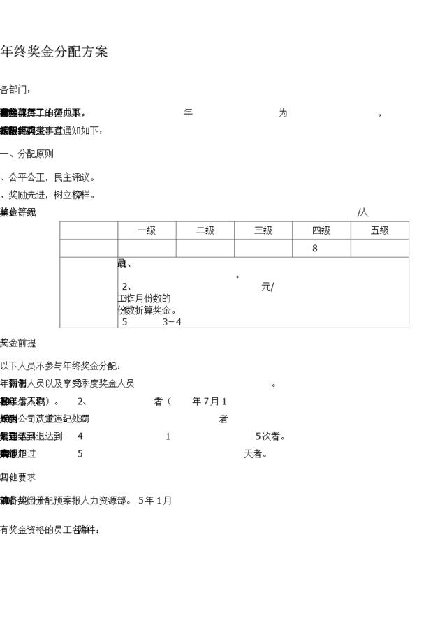 年终奖金分配方案