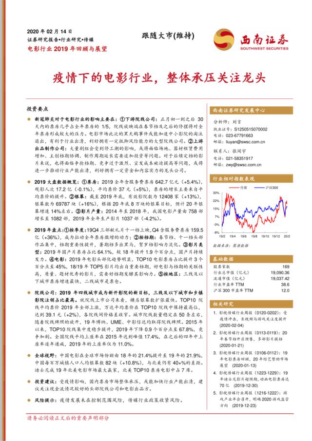 电影行业2019年回顾与展望：疫情下的电影行业，整体承压关注龙头