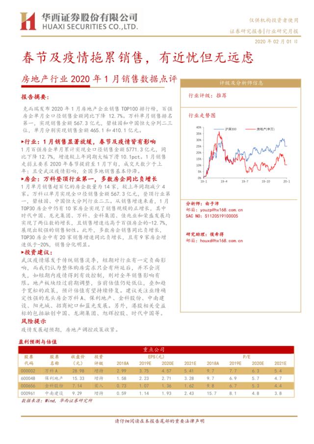 房地产行业2020年1月销售数据点评：春节及疫情拖累销售，有近忧但无远虑