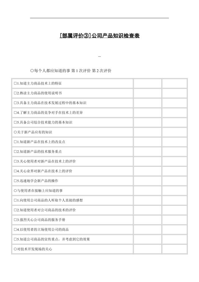 [部属评价③]公司产品知识检查表