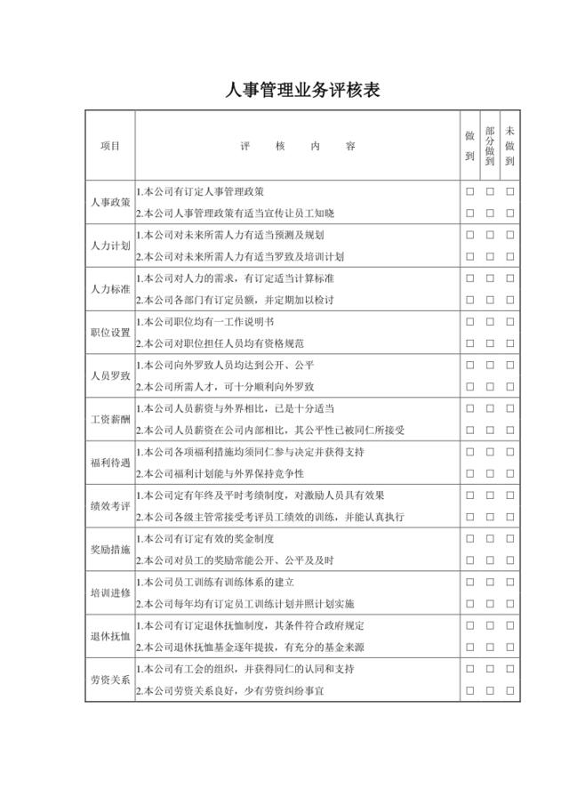 人事管理业务评核表