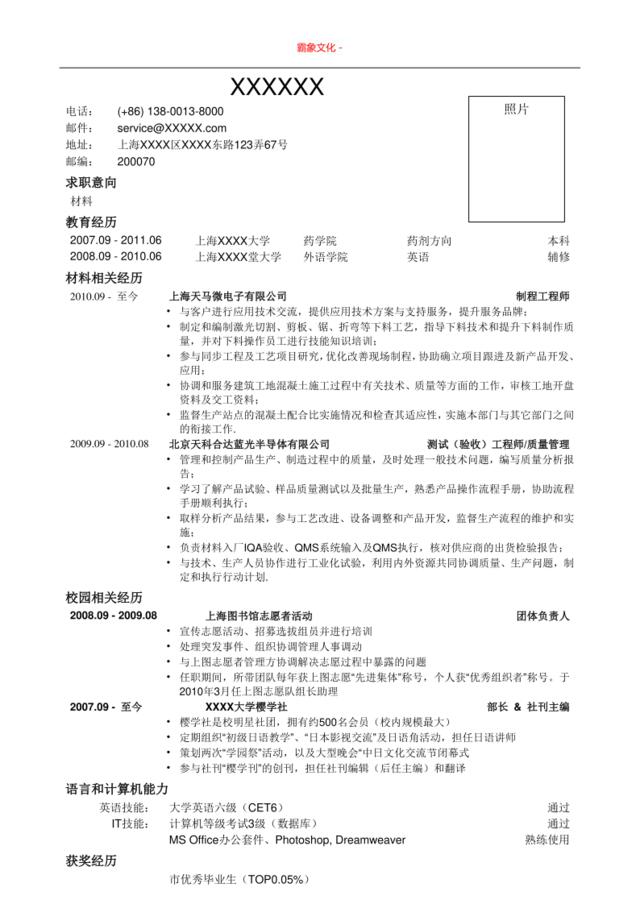 应聘材料类岗位简历模板