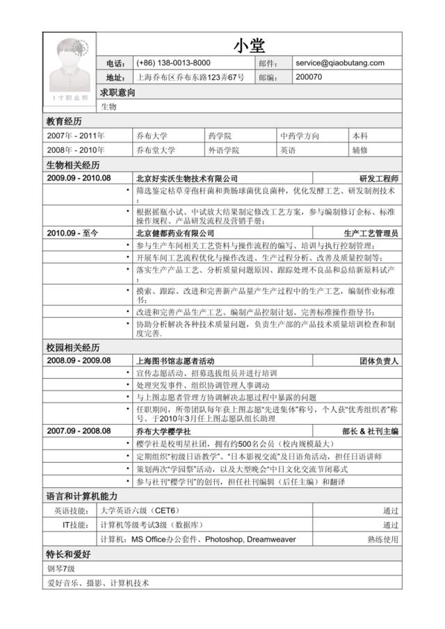 应聘生物类岗位简历模板2