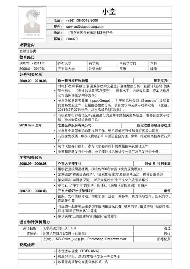 应聘金融证券类简历模板2