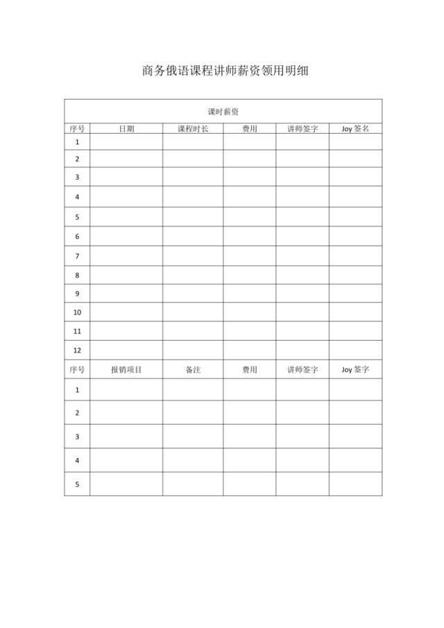 商务俄语课程讲师薪资领用明细[1页]