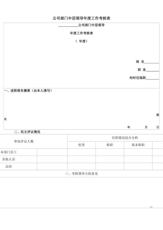 公司部门中层领导年度工作考核表