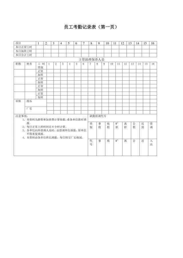 员工考勤记录表（第一页）