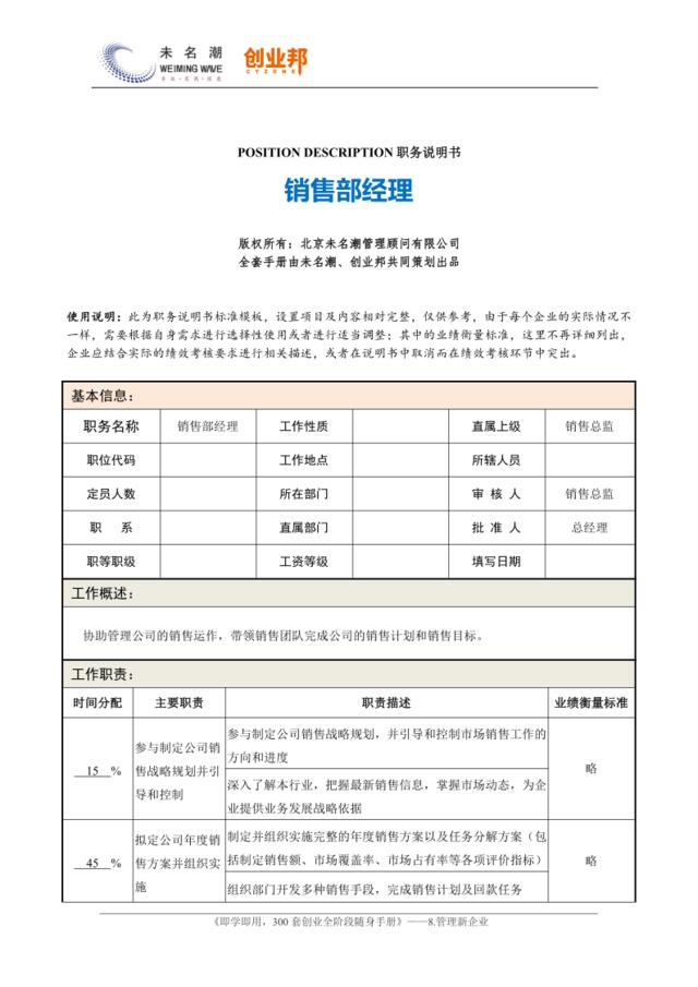 0职务说明书——销售部经理