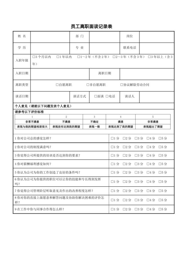 员工离职面谈记录表