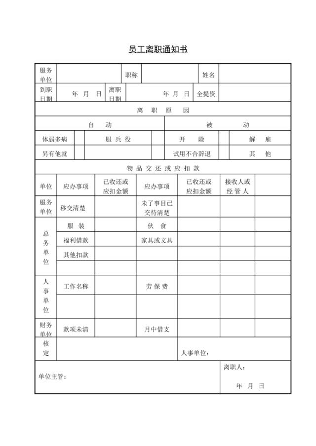 第六节员工离职通知书