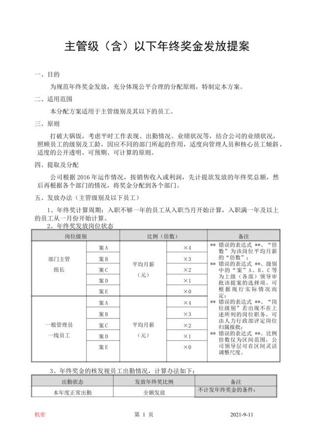 年终奖金发放暂行提案（适用于主管级（含）以下）