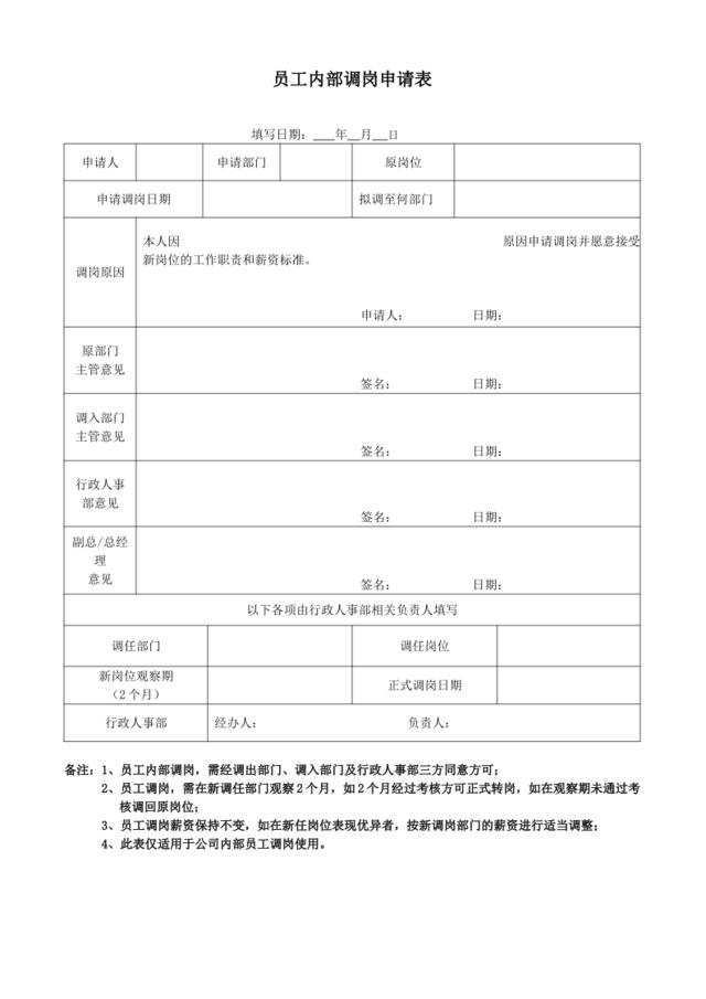 员工内部调岗申请表