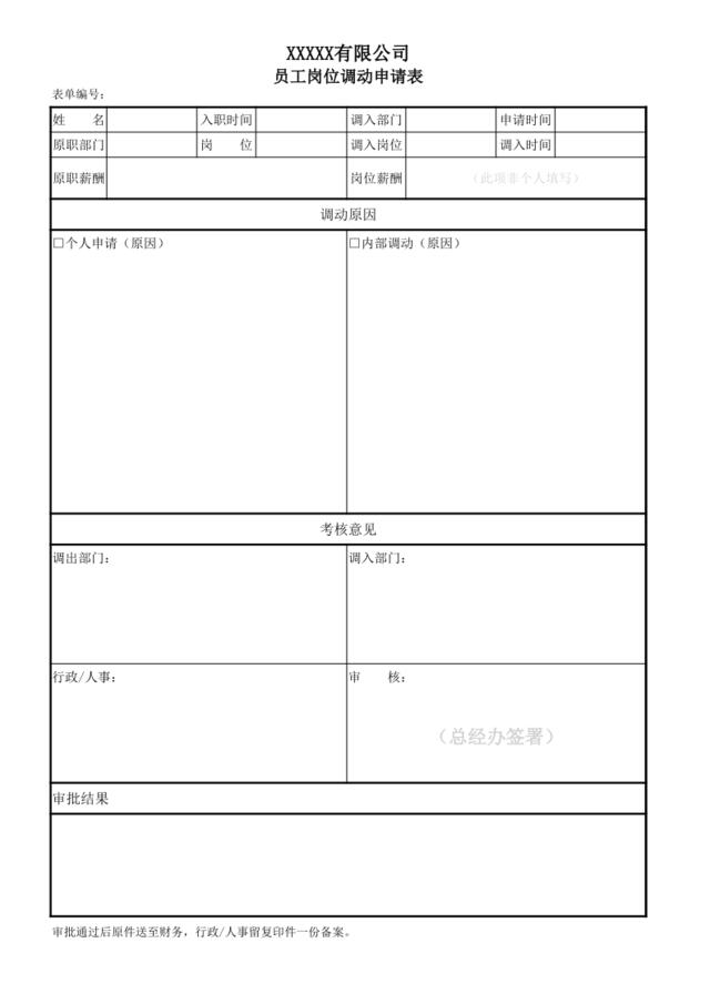 员工岗位调动申请单