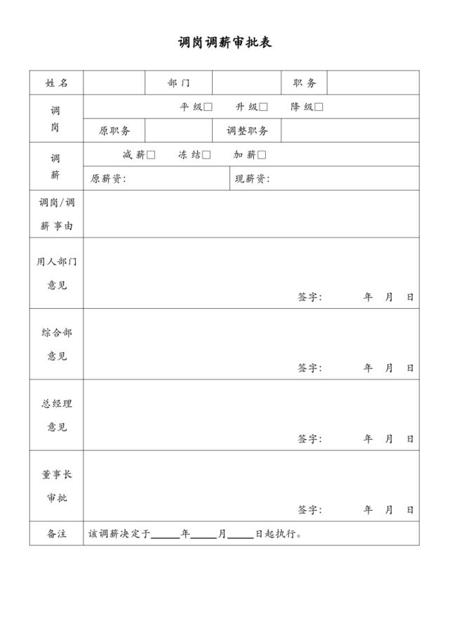 员工调岗调薪审批表