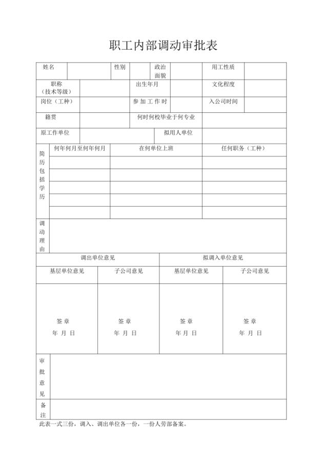 职工内部调动审批表