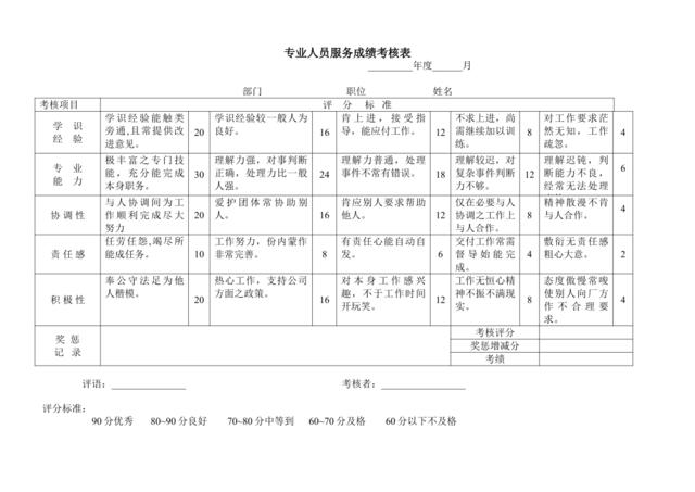 专业人员服务成绩考核表