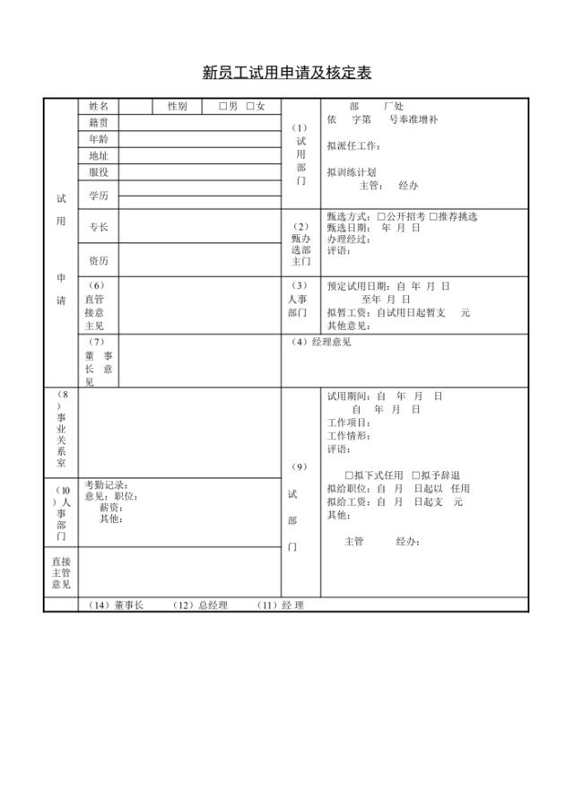 新员工试用申请核定表