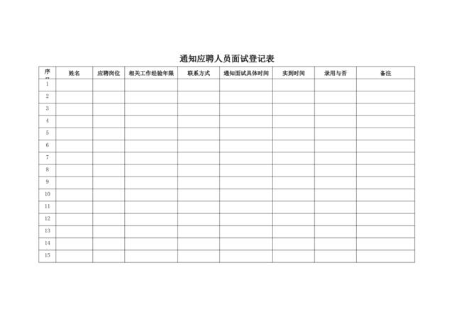 通知应聘人员面试登记表