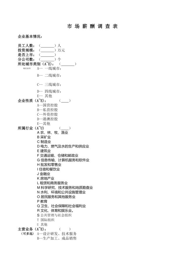 专用于市场薪酬调查表（模板）