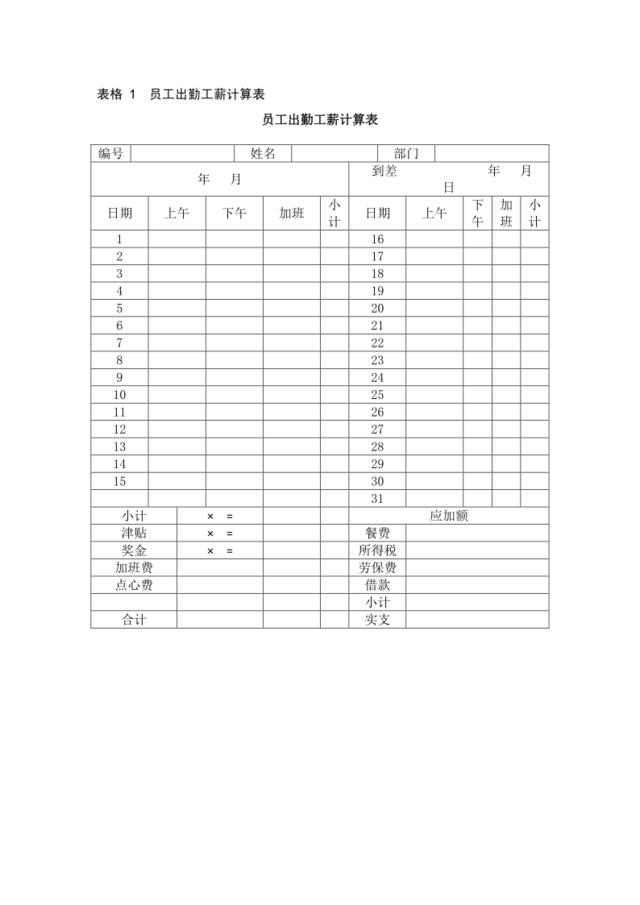 员工出勤工薪计算表