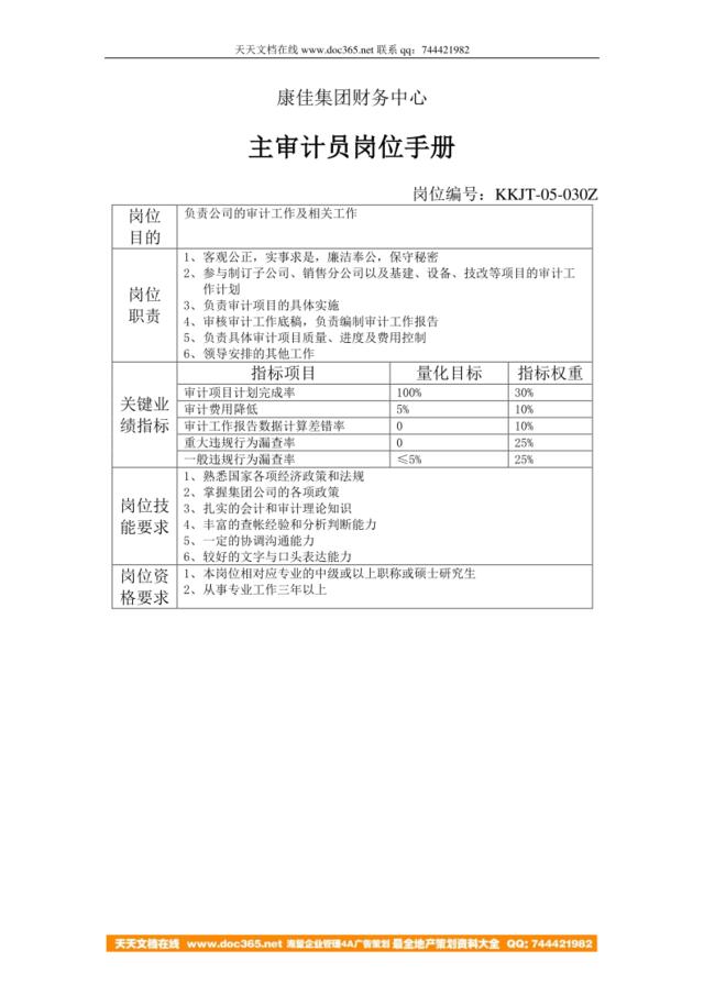 康佳集团财务中心主审计员岗位手册表1