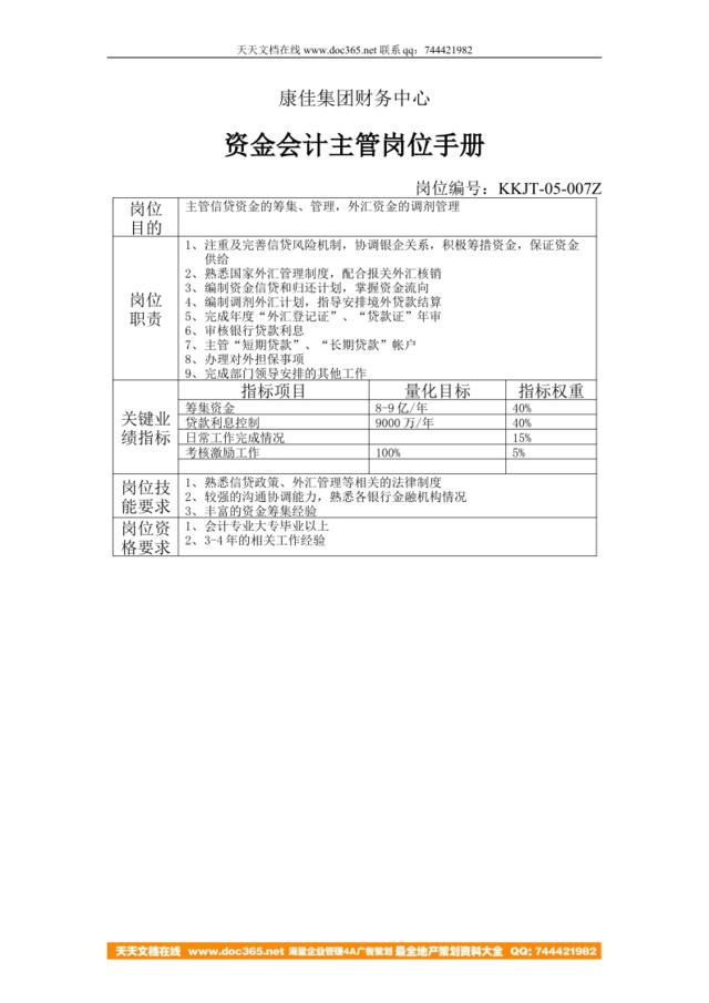 康佳集团财务中心资金会计主管岗位手册表1