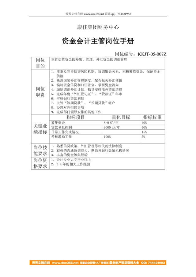 康佳集团财务中心资金会计主管岗位手册表1