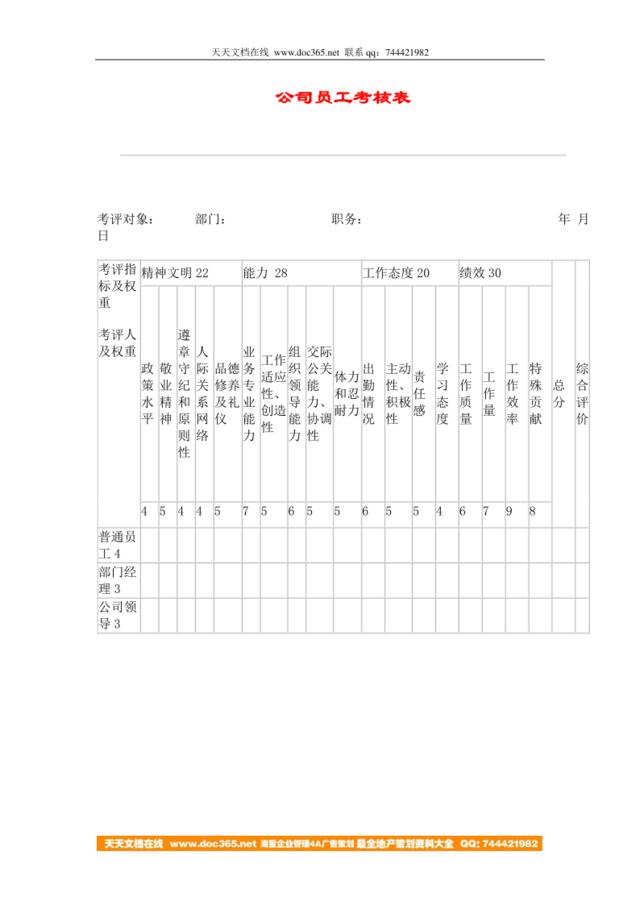 hr029公司员工考核表