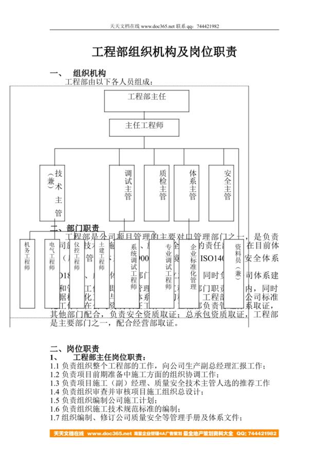 工程部组织机构及岗位职责