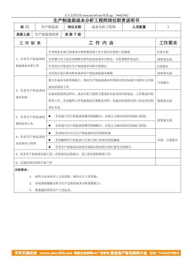 成本分析工程师岗位职责说明书