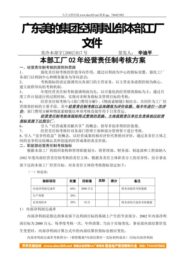 经营责任制考核方案