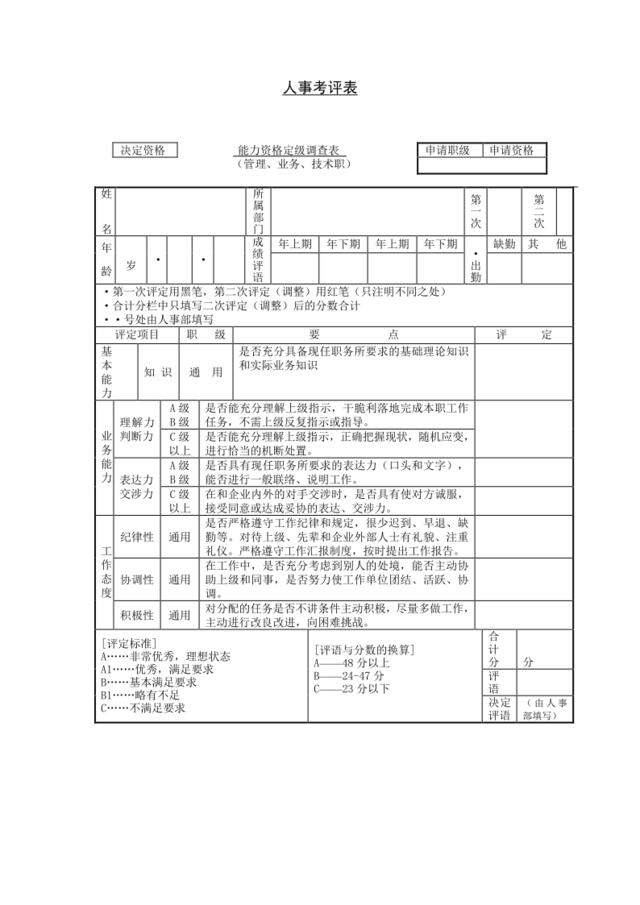 第十六节人事考评表