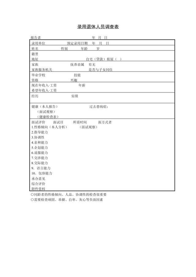 第二十节录用退休人员调查表