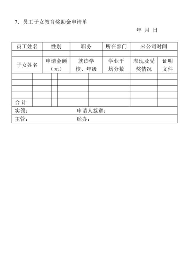 7．员工子女教育奖助金申请单