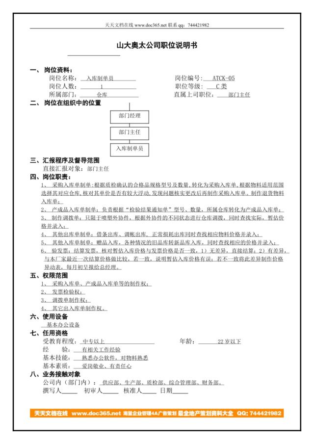 ATCK-05入库制单员职位说明书样稿