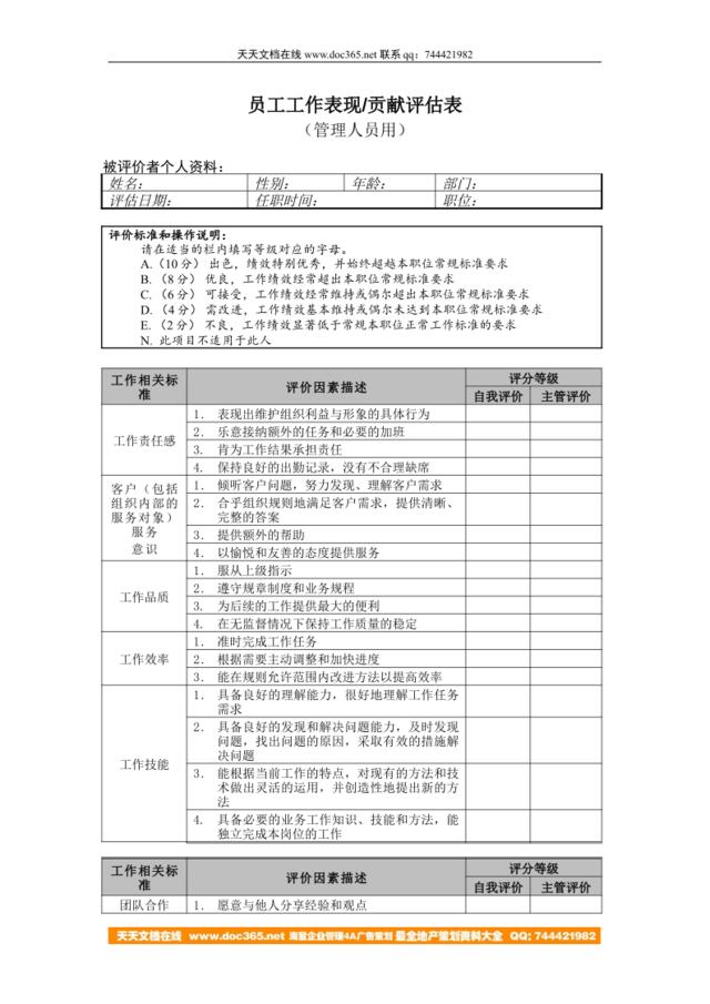 管理人员-表现&贡献评估表