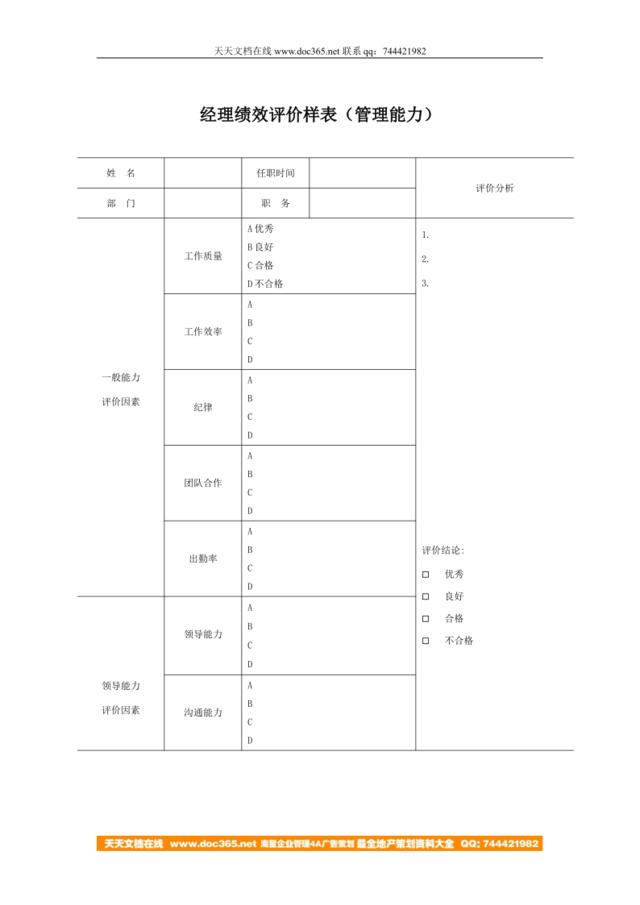 经理绩效评价样表（管理能力)