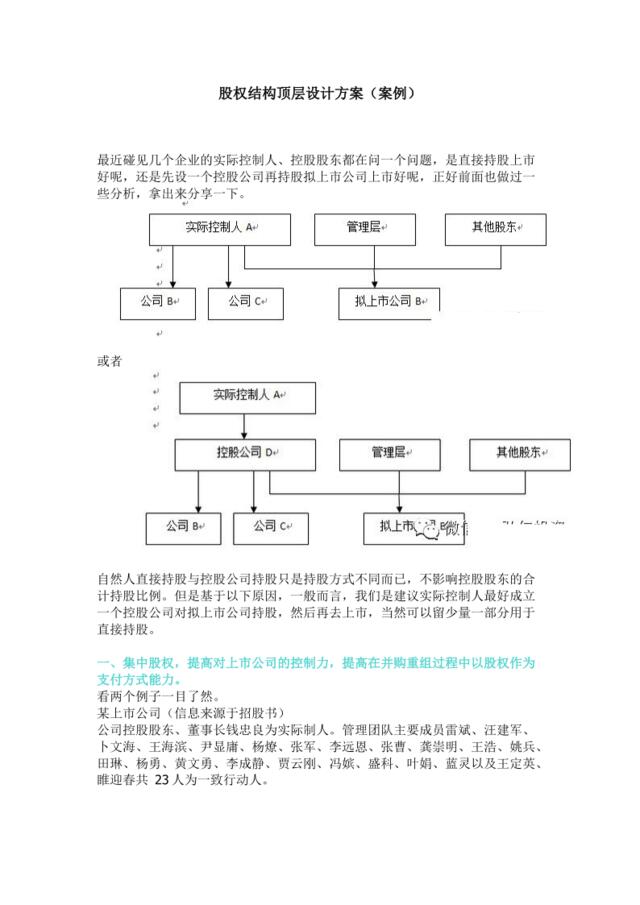 公司股权结构顶层设计方案(案例)