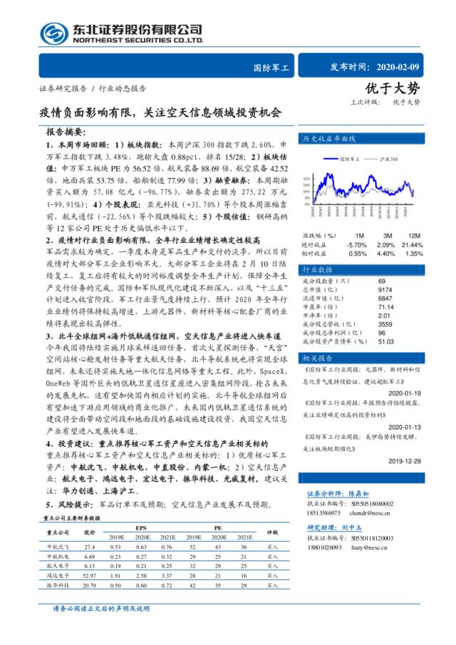 国防军工行业动态报告：疫情负面影响有限，关注空天信息领域投资机会