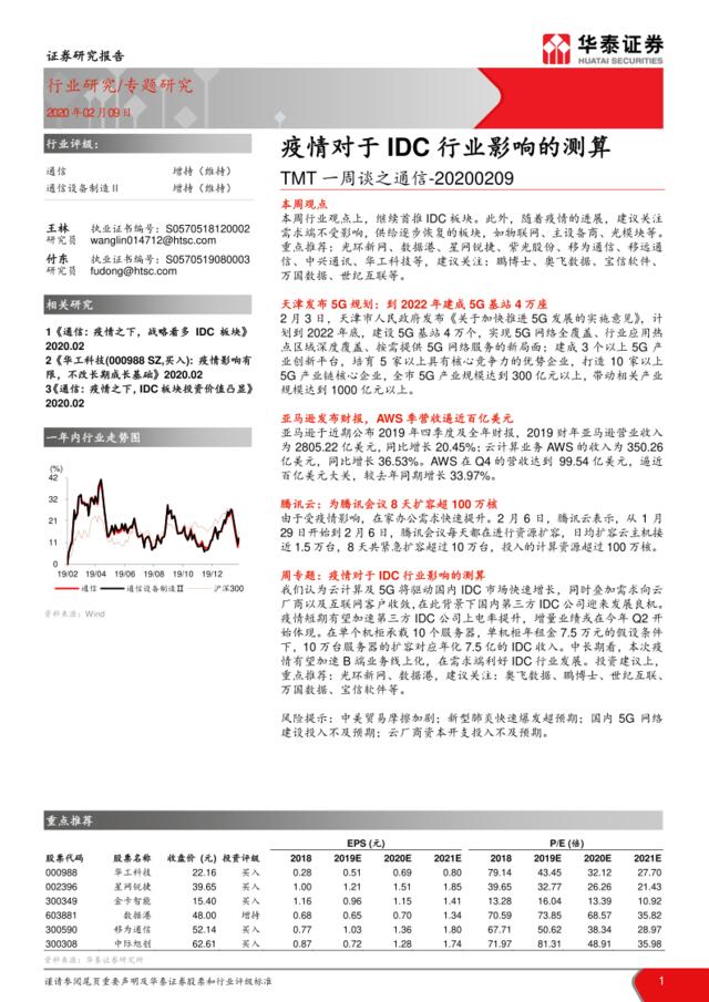 TMT一周谈之通信：疫情对于IDC行业影响的测算