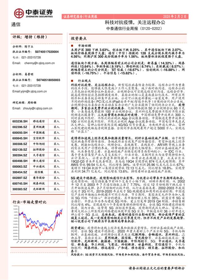 中泰通信行业周报：科技对抗疫情，关注远程办公