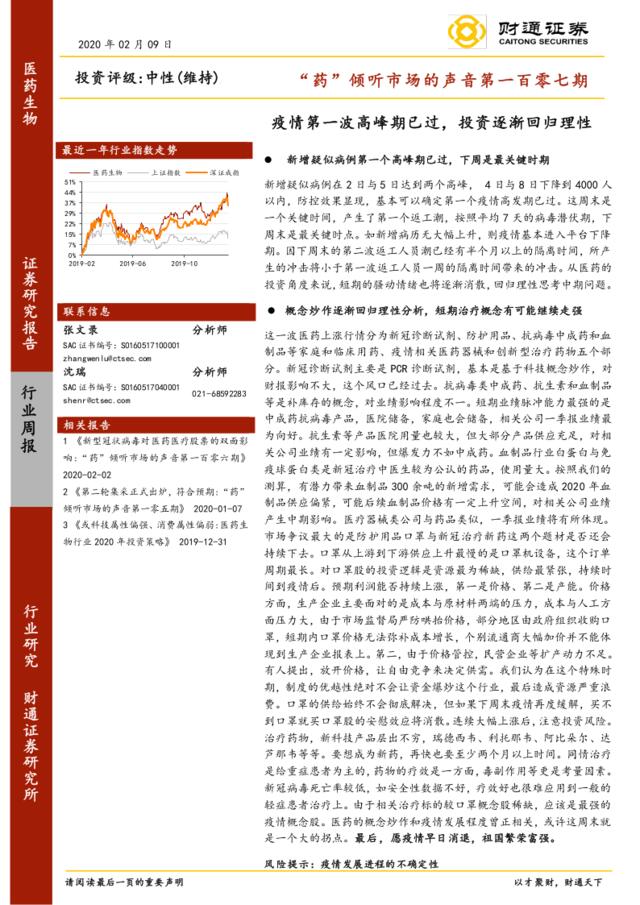 “药”倾听市场的声音第一百零七期：疫情第一波高峰期已过，投资逐渐回归理性