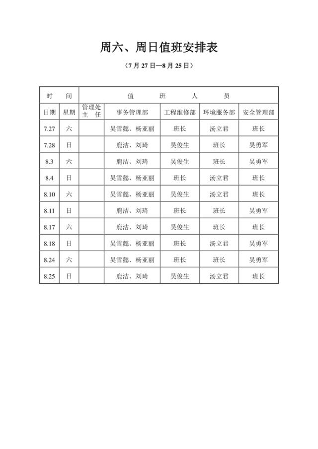 周六、周日值班安排表