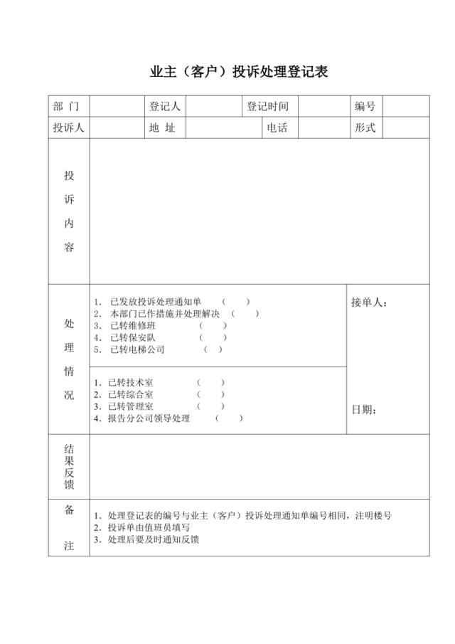 业主客户投诉处理登记表