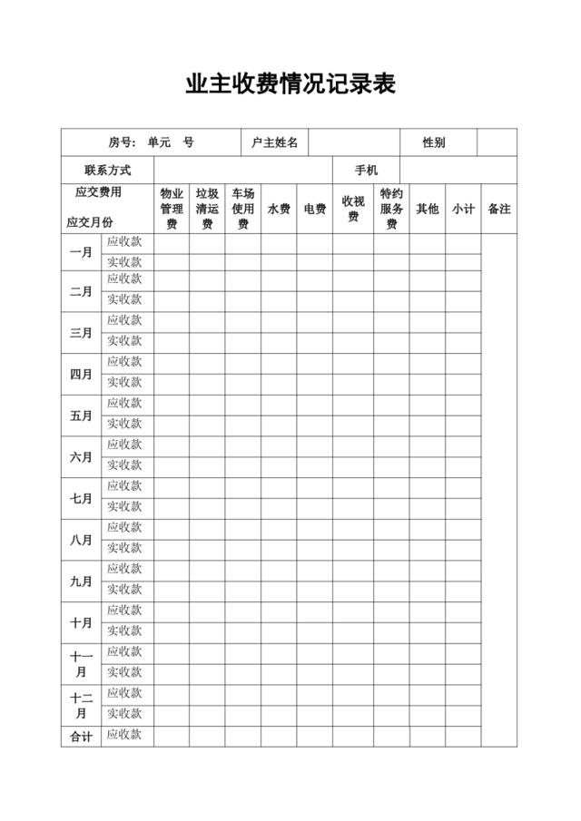 业主收费情况记录表