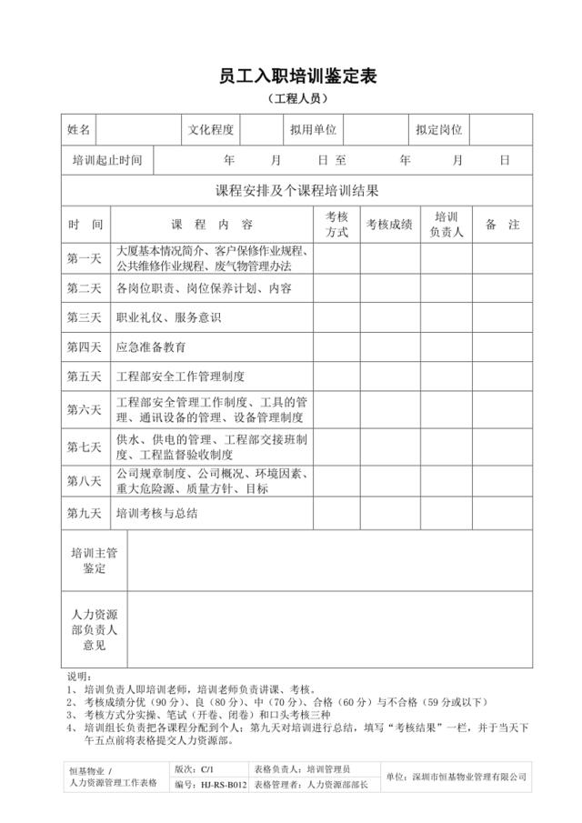 员工入职培训鉴定表（工程人员）-012