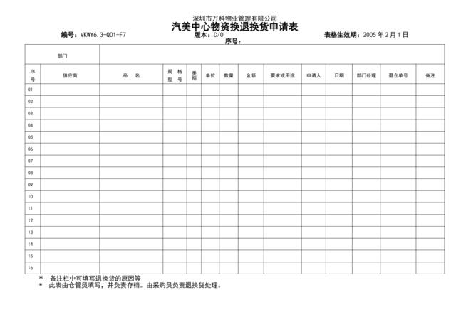 VKWY6.3-Q01-F7汽美中心换退货申请表