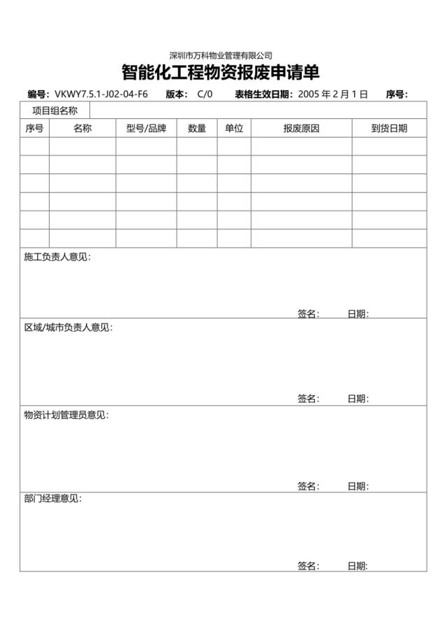 7.5.1-J02-04-F6智能化工程物资报废申请单