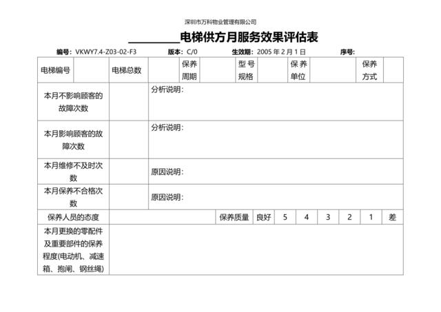 7.4-Z03-02-F3电梯供方服务效果月评估表